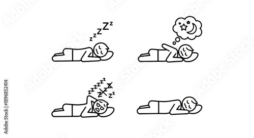 Four stick figures sleeping and dreaming in different poses.