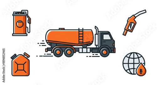 Fuel delivery truck with gas station icons and globe.