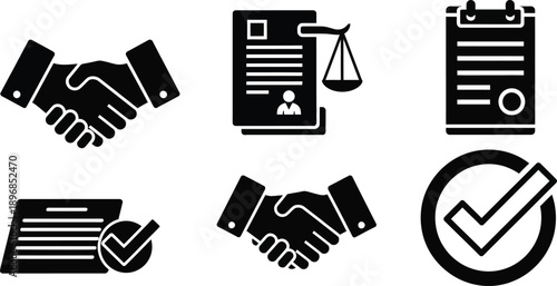 Black and white of hands shaking and documents with checkmarks handshake