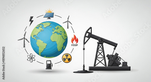 Global energy sources and extraction methods illustration.
