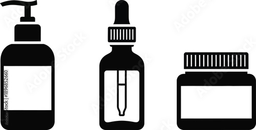 Black and white of three cosmetic bottles with different caps pump