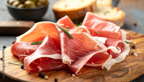 Thinly Sliced Cured Ham on a Wooden Board with Rosemary and Bread.