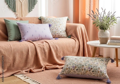 Tranquil interior setting with decorative pillows and soft furnishings display