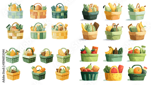 Illustration collection of grocery baskets with fresh fruits and vegetables ideal for food markets organic branding healthy lifestyle design and retail packaging use