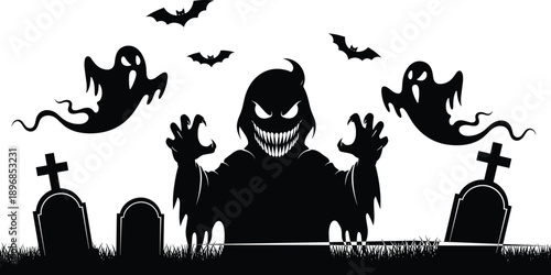 Halloween cemetery silhouette with spooky ghosts, scary monster, flying bats and tombstones in graveyard, cad drawing flat vector illustration design