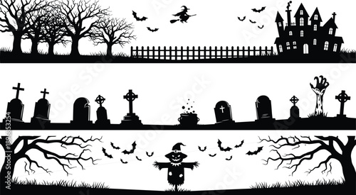 Halloween silhouette border set with haunted house graveyard witch bats and scarecrow vector illustration for spooky holiday party invitations and decor.