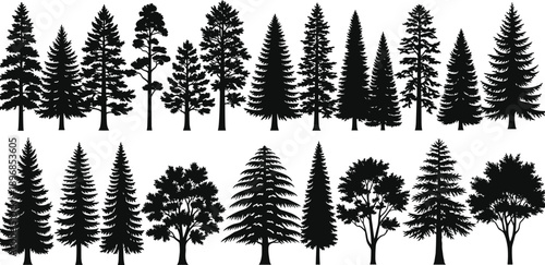 Mega collection of black pine tree silhouettes and deciduous forest icons for nature landscape design, cad drawing flat vector illustration