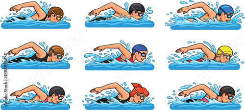 Cartoon swimmers performing freestyle stroke in various positions. Dynamic swimming illustration ideal for sports education, technique training, or aquatic-themed creative content.