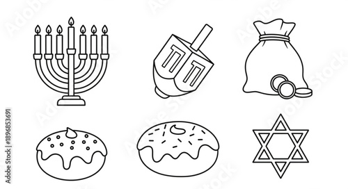 Hanukkah Symbols Collection Line Art Illustration.
