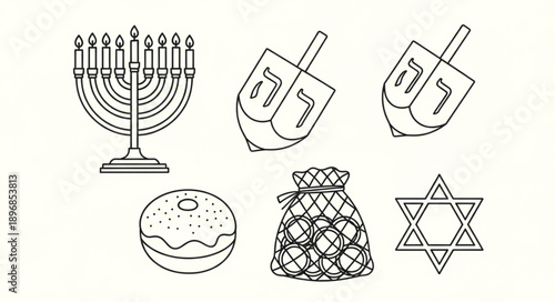 Hanukkah Symbols Collection Line Art Illustration.