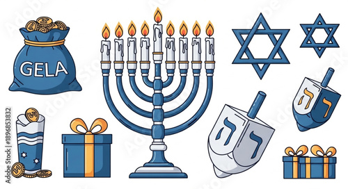 Hanukkah Symbols Collection Menorah Dreidel Gelt Gifts Star of David.