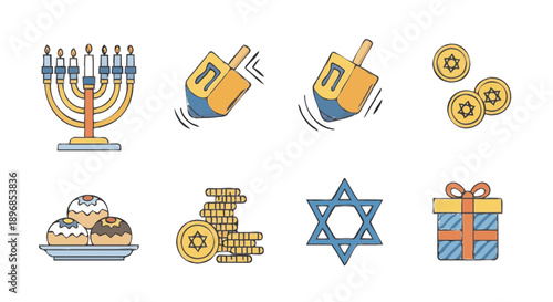 Hanukkah symbols collection menorah dreidel gelt star gift.