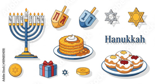 Hanukkah Symbols and Treats Collection Illustration.