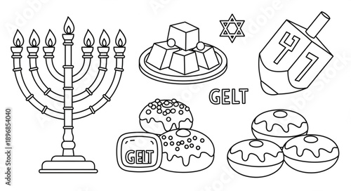 Hanukkah Symbols and Treats Line Art.
