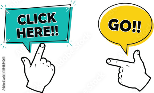 Click here and go text bubble with hand pointer