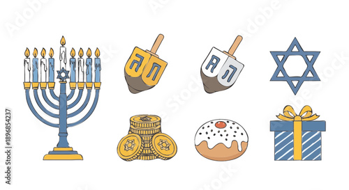 Hanukkah Symbols Collection Including Menorah Dreidels and Gift.
