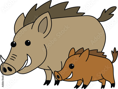 Cute wild boar mother and baby piglet cartoon vector illustration isolated on white background for children education wildlife nature and forest