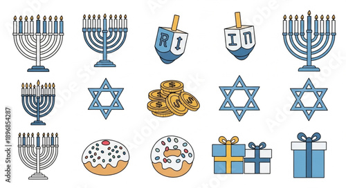 Hanukkah Symbols Collection Including Menorahs Dreidels and Gifts.
