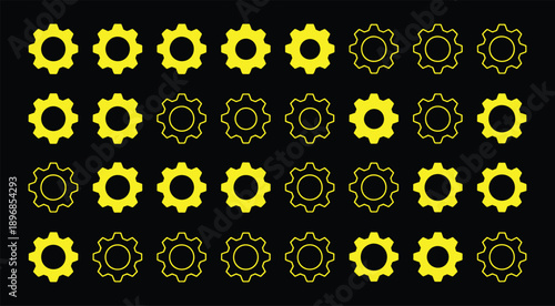 Gear icon vector set, black cogwheel vector collection, mechanical gear shapes, engineering symbols, industrial machinery, sprocket designs, abstract gearwheel graphics
