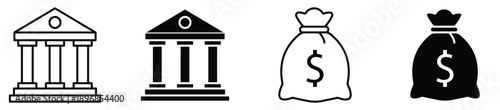 Financial Icon Set: Professional Bank Building and Money Bag Vector Symbols for Banking and Investment Concepts