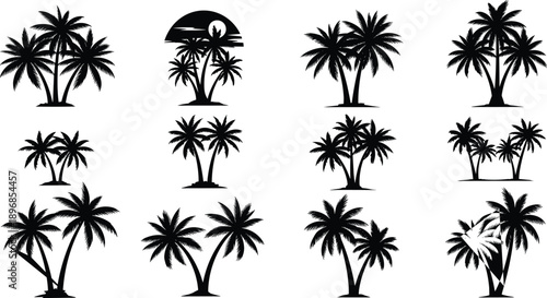Set of black silhouette palm tree icons and tropical island coconut trees with summer sunset and beach elements for vacation design