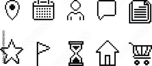 Black and white pixel UI icons, location pin, calendar, user, chat, document, star, flag, hourglass, home, cart