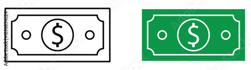 Green and Outline Money Bill Icon Vector Set - Dollar Currency Symbols