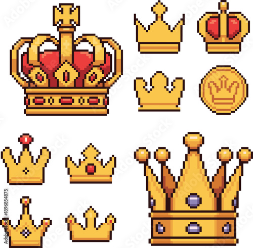 Pixel art crown icons and coin, royal headwear set, red and gold jewels, retro style for games or digital design