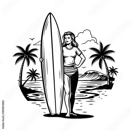 Woman with Surfboard on Tropical Beach.