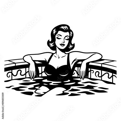 Retro Woman Relaxing in Hot Tub Enjoying Leisure Time.