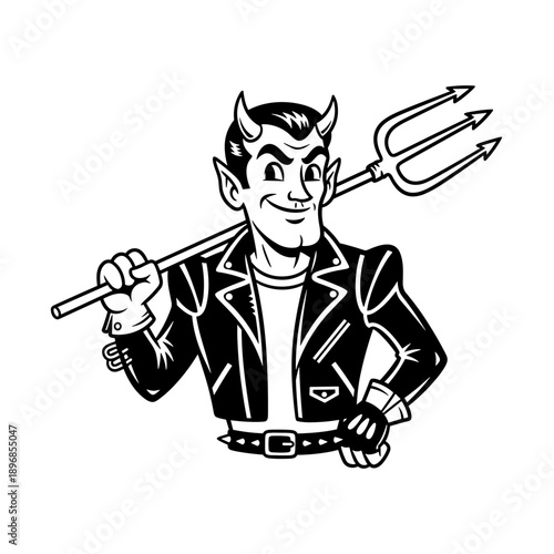 Retro Devil Mascot with Pitchfork in Leather Jacket.