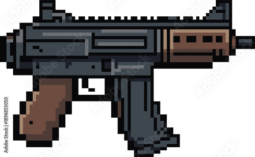 Pixel art submachine gun side view, retro weapon icon, dark gray body with brown grip, digital game asset graphic