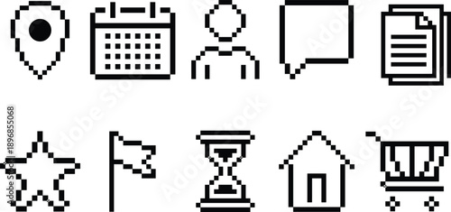 Pixel art UI icons, location pin, calendar, user, chat, document, star, flag, hourglass, home, cart for apps