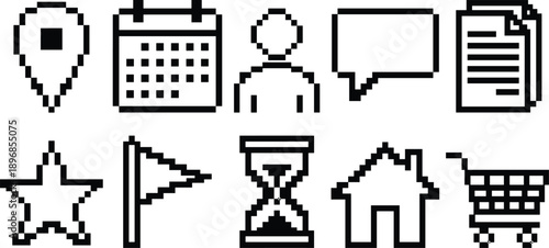 Pixel art UI icons, location, calendar, user, chat, document, star, flag, hourglass, home, cart for apps