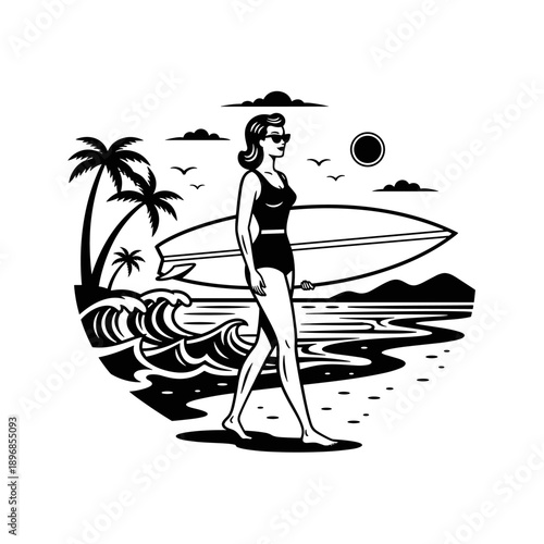 Woman in swimsuit walking on beach with surfboard.