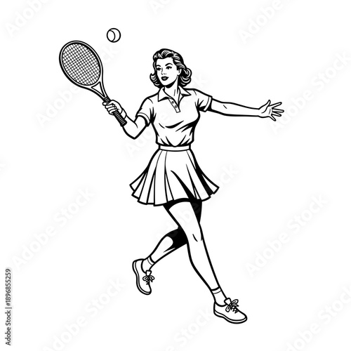 Vintage Woman Playing Tennis with Racket and Ball.