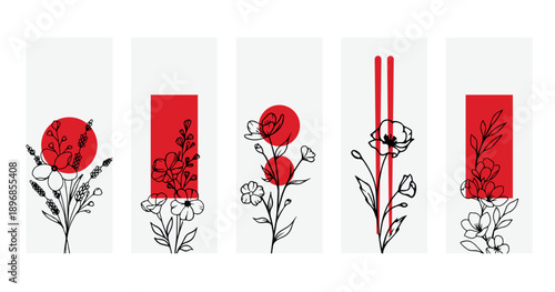 PriMinimalist Abstract Floral Line Art with Red Geometric Shapes, Modern Botanical Vector Setnt