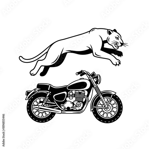 Black and white illustration of a jumping panther and a classic motorcycle, showcasing power and freedom.
