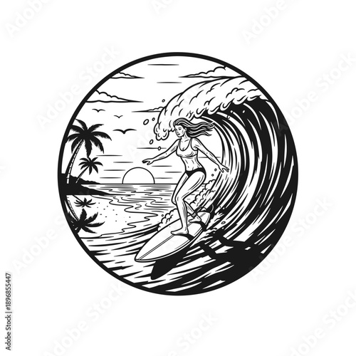Female surfer riding a large ocean wave with skill and balance.