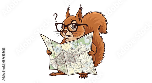 Lost Squirrel Tourist Wearing Glasses Looking at City Map with Question Mark Confusion Concept