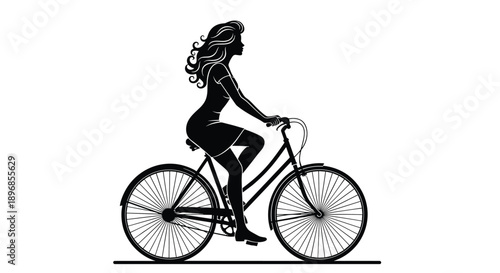 Elegant silhouette of a young woman with long wavy hair riding a classic vintage bicycle, minimalist black and white 