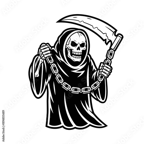 Grim Reaper Holding Scythe with Chain Illustration.