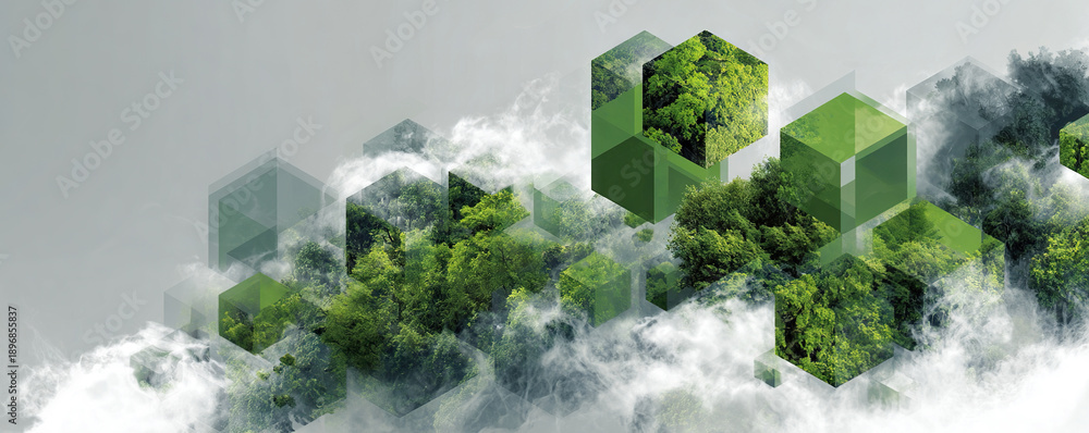 Naklejka premium Digital background with green forest cubes and floating eco technology forms