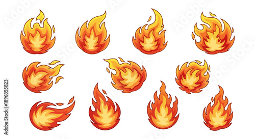Set of various fire flames and burning elements.