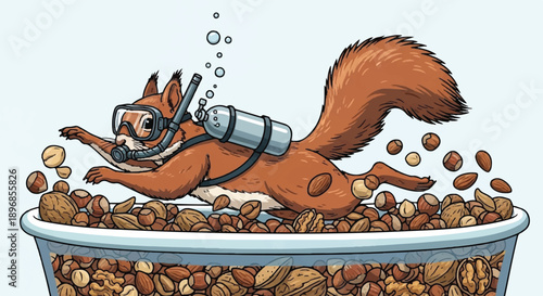 Funny Squirrel Scuba Diving in Roasted Coffee Beans with Snorkel and Oxygen Tank Caffeine Concept