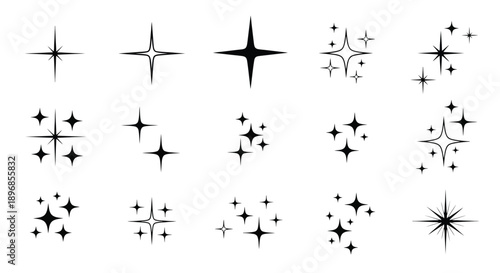 Set of various sparkling star icons and glitter effects.