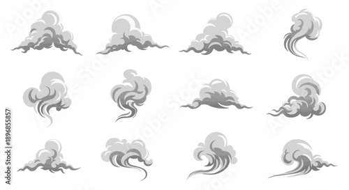 Set of smoke clouds, steam, and dust isolated on white background.