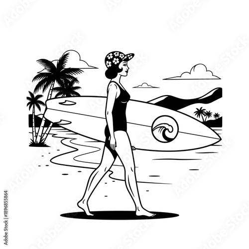 Woman in swimsuit walking with surfboard on beach.
