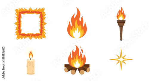 Collection of various fire elements including a bonfire, torch, candle, and decorative frame.