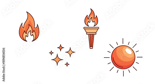 Vibrant collection of fire, torch, sparkles, and sun illustrations.